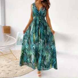 High Boho Fashion Long Waisted Neck Beach Sleeveless Printed Vintage V Tie Summer Dress