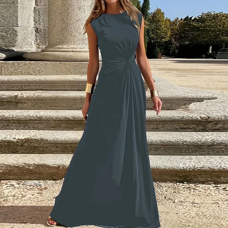 High Waist Pleated Long Elegant Temperament O Neck Solid Evening New Lady Sexy Twisted Robe Summer Casual Dress