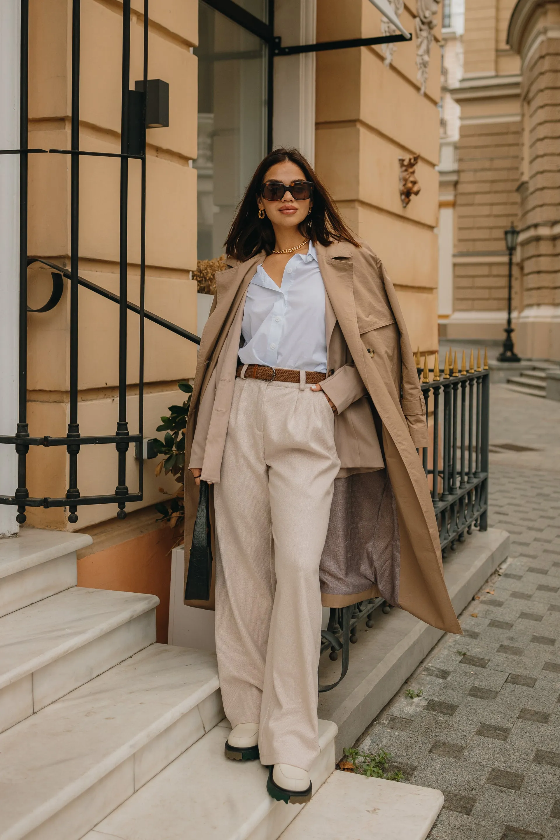 Look from Fashion Lady Clothes Trench Jacket Shirt Pants Style Outfit