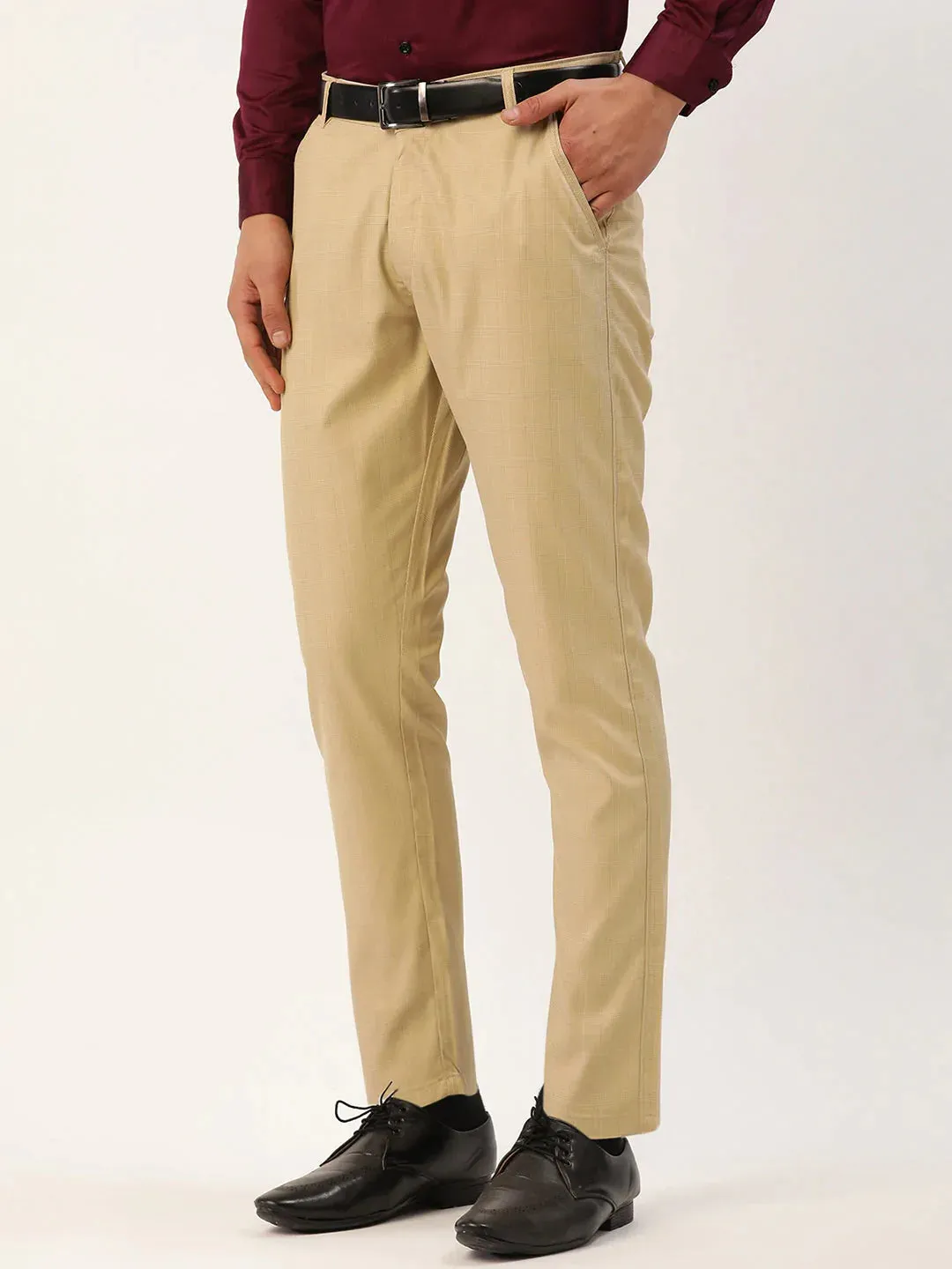 Men'S Beige Checked Formal Trousers