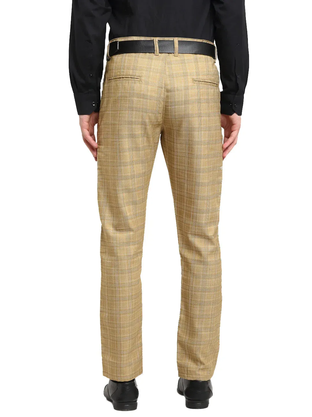 Men'S Beige Cotton Checked Formal Trousers