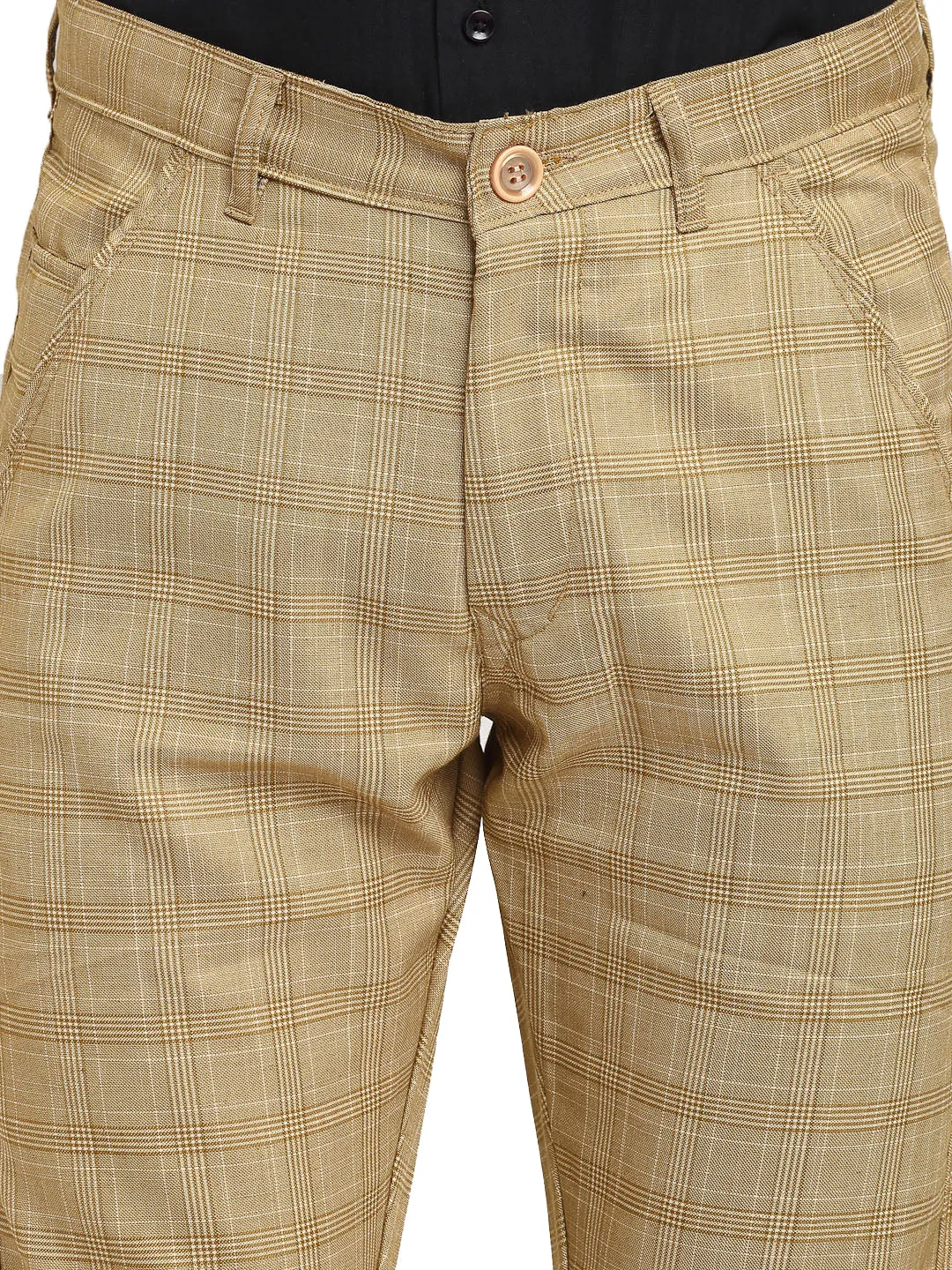 Men'S Beige Cotton Checked Formal Trousers