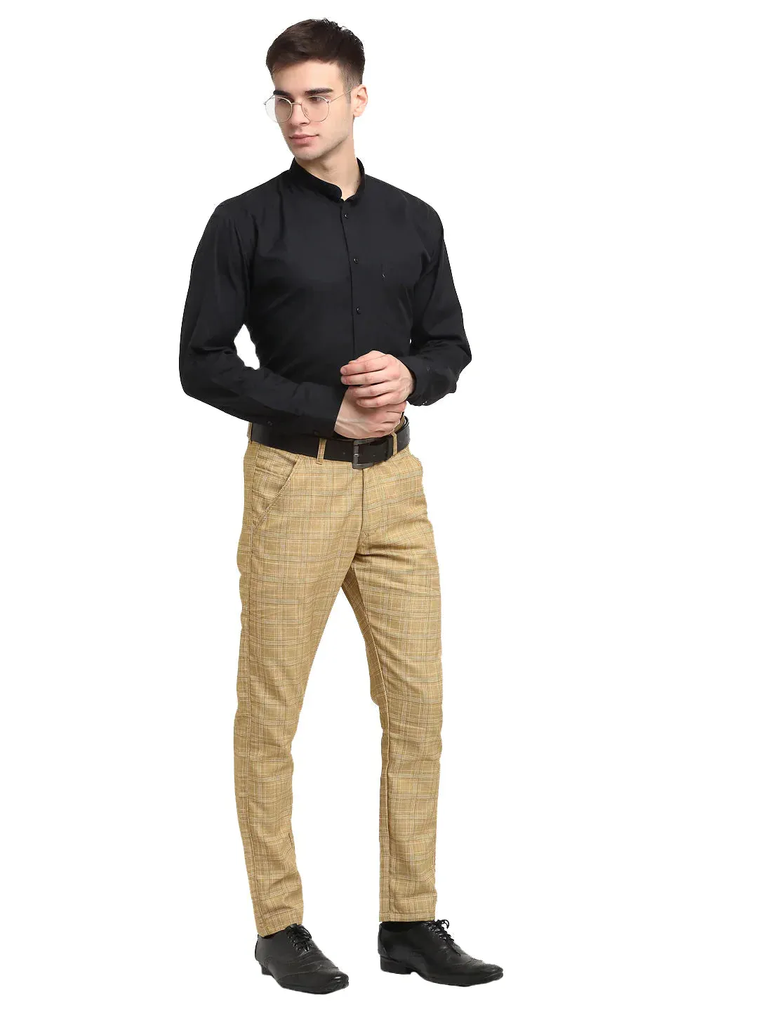 Men'S Beige Cotton Checked Formal Trousers