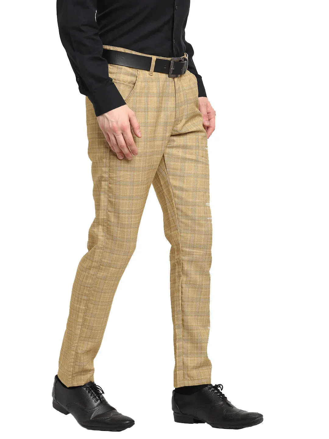 Men'S Beige Cotton Checked Formal Trousers