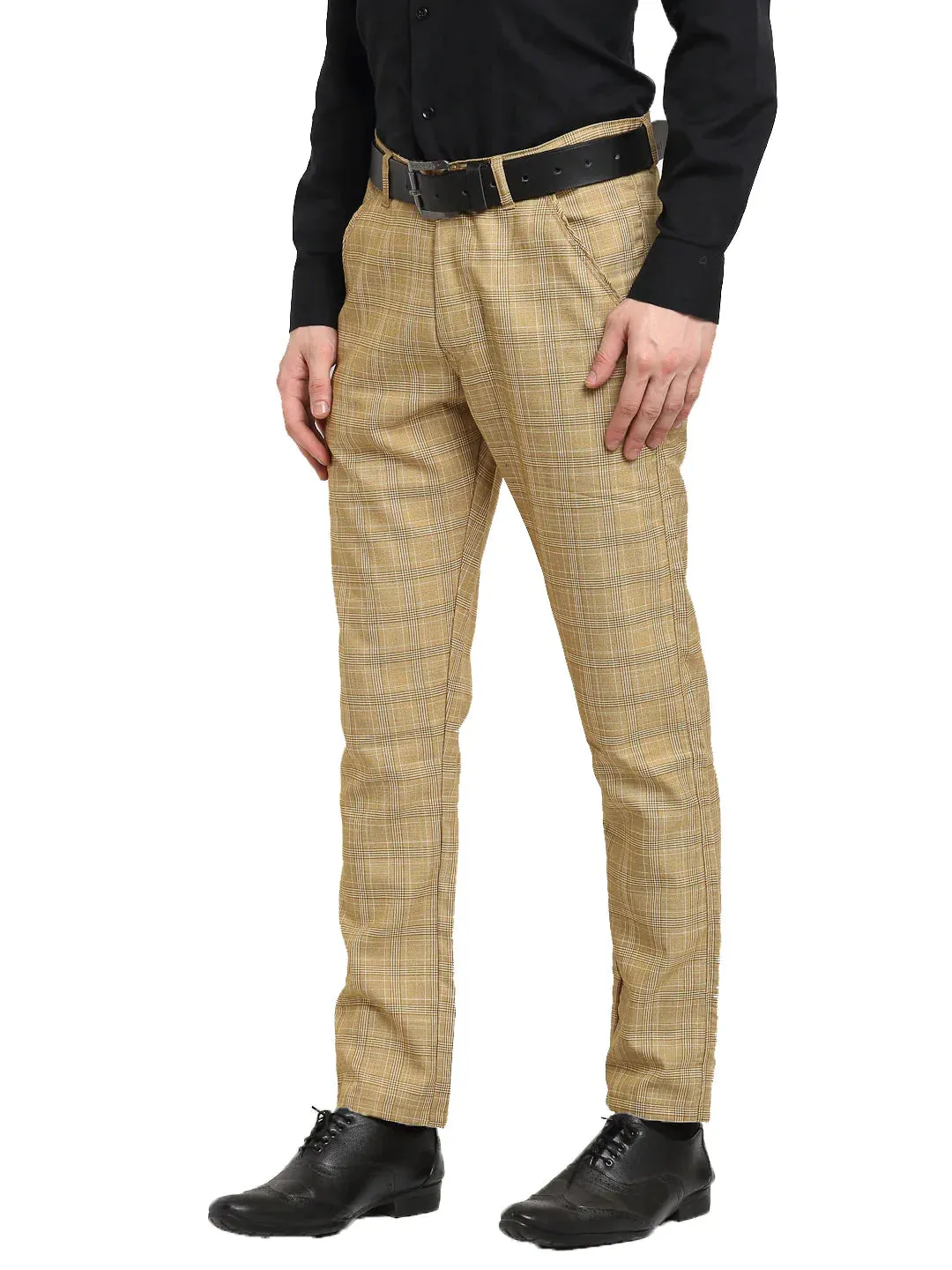 Men'S Beige Cotton Checked Formal Trousers