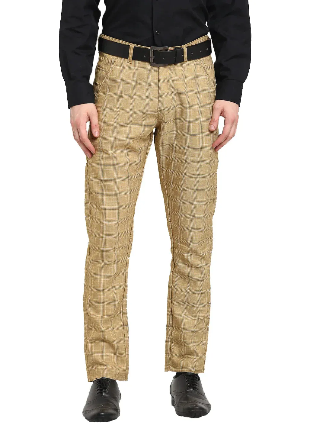 Men'S Beige Cotton Checked Formal Trousers