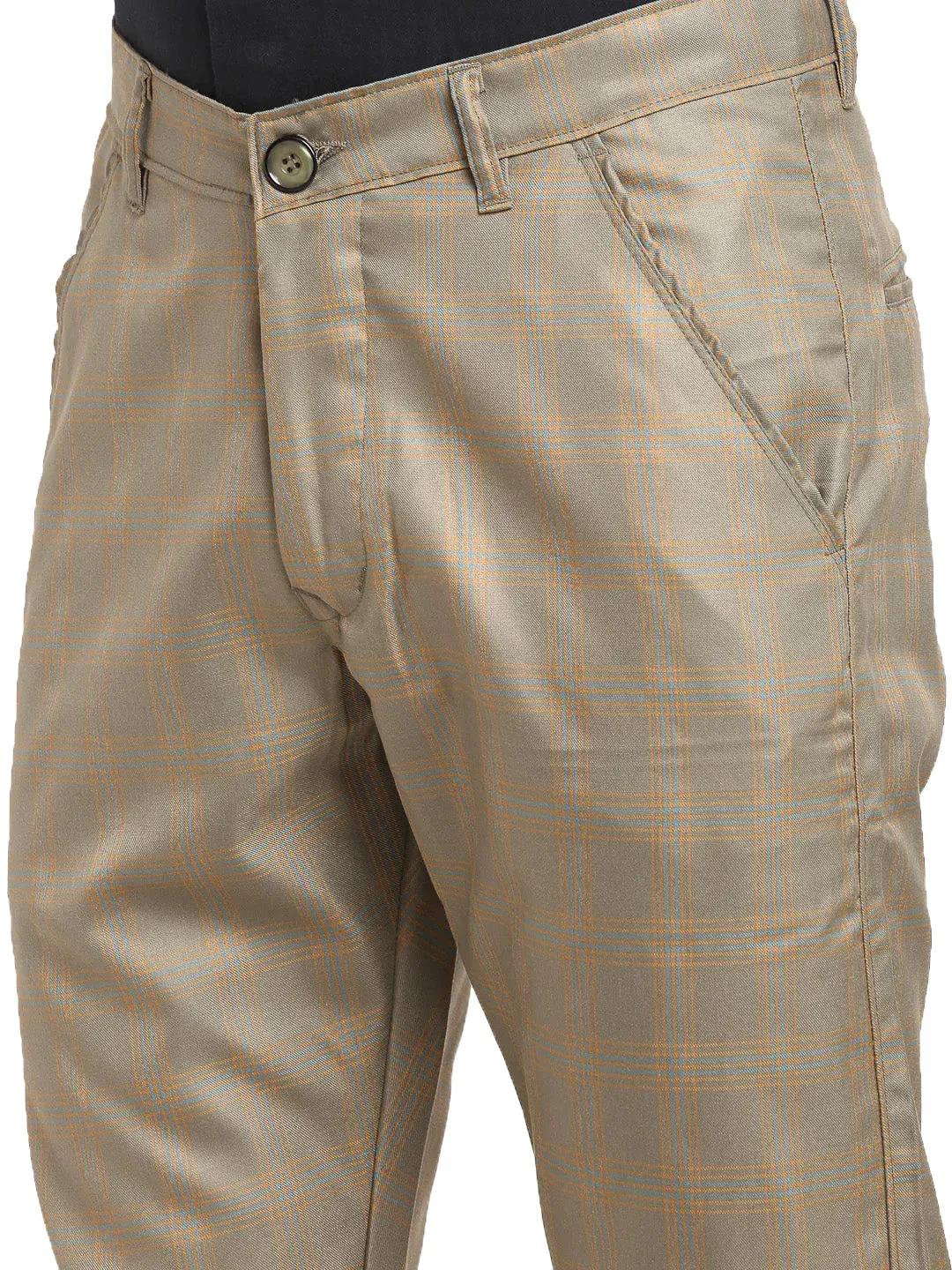 Men'S Brown Cotton Checked Formal Trousers