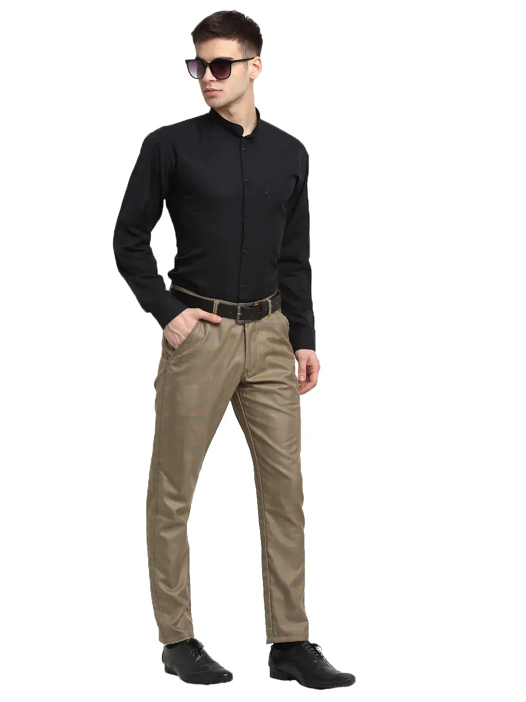 Men'S Brown Cotton Checked Formal Trousers