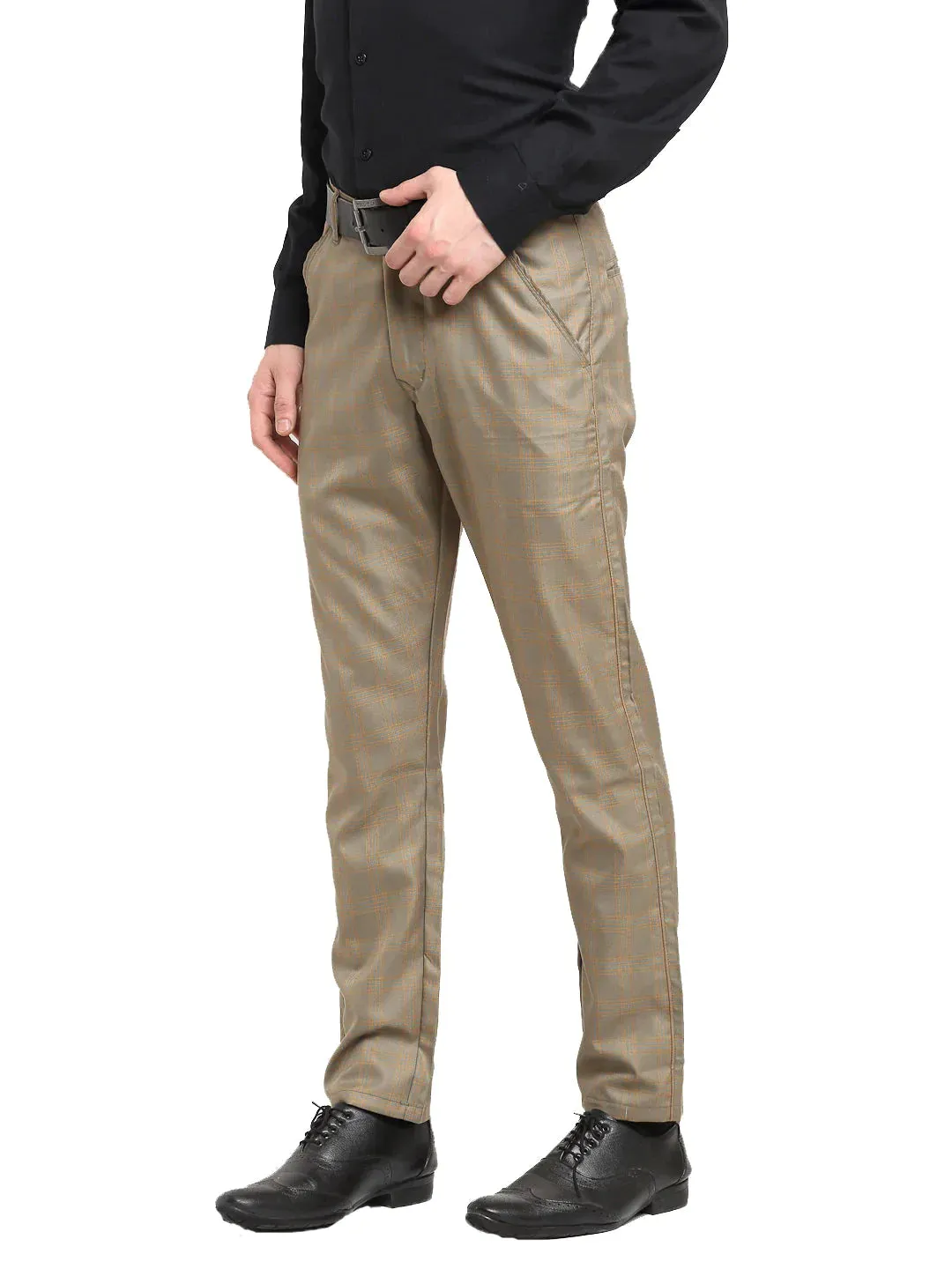 Men'S Brown Cotton Checked Formal Trousers