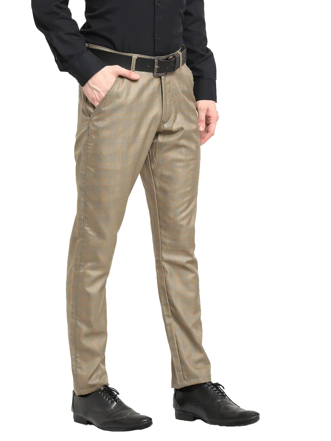 Men'S Brown Cotton Checked Formal Trousers