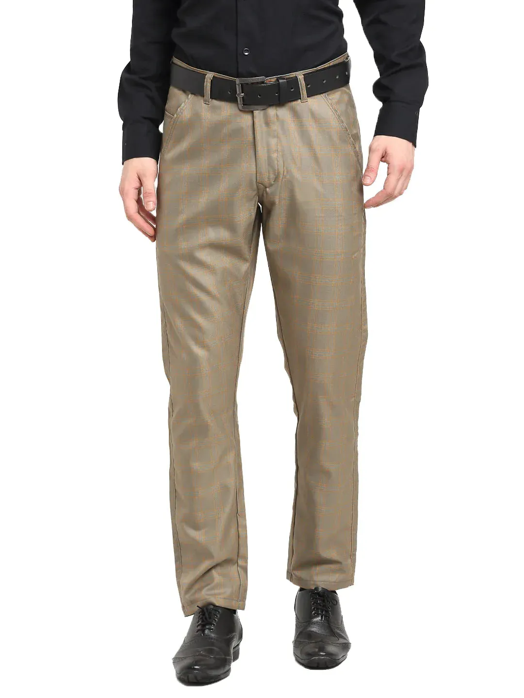 Men'S Brown Cotton Checked Formal Trousers