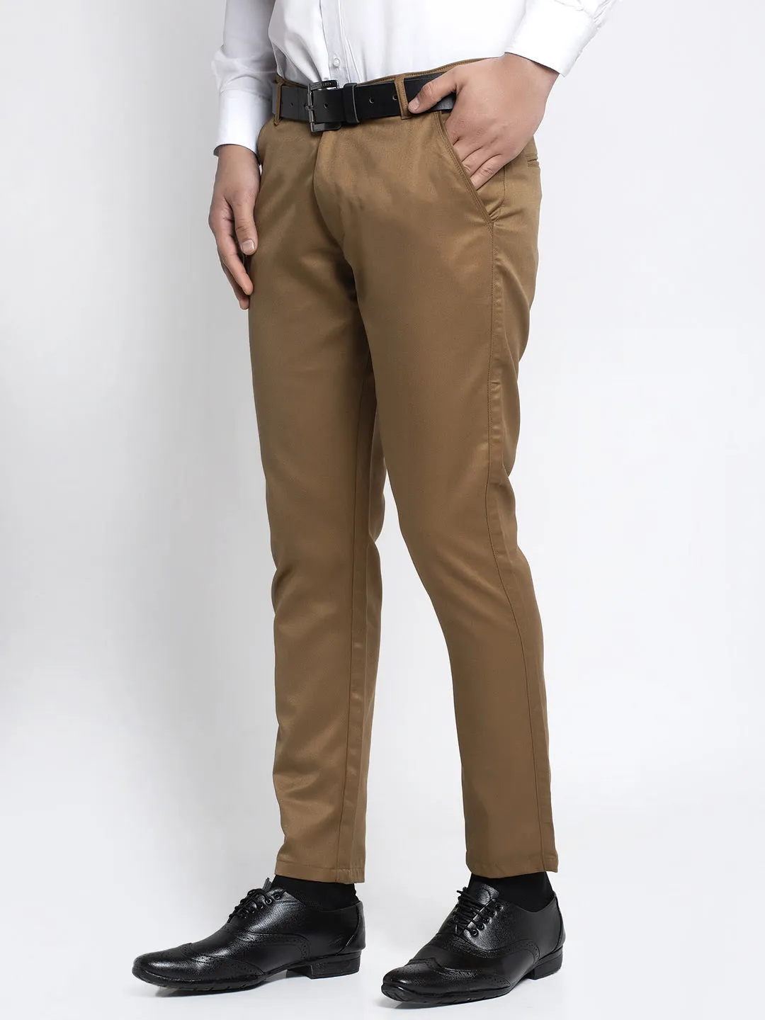 Men'S Brown Tapered Fit Formal Trousers