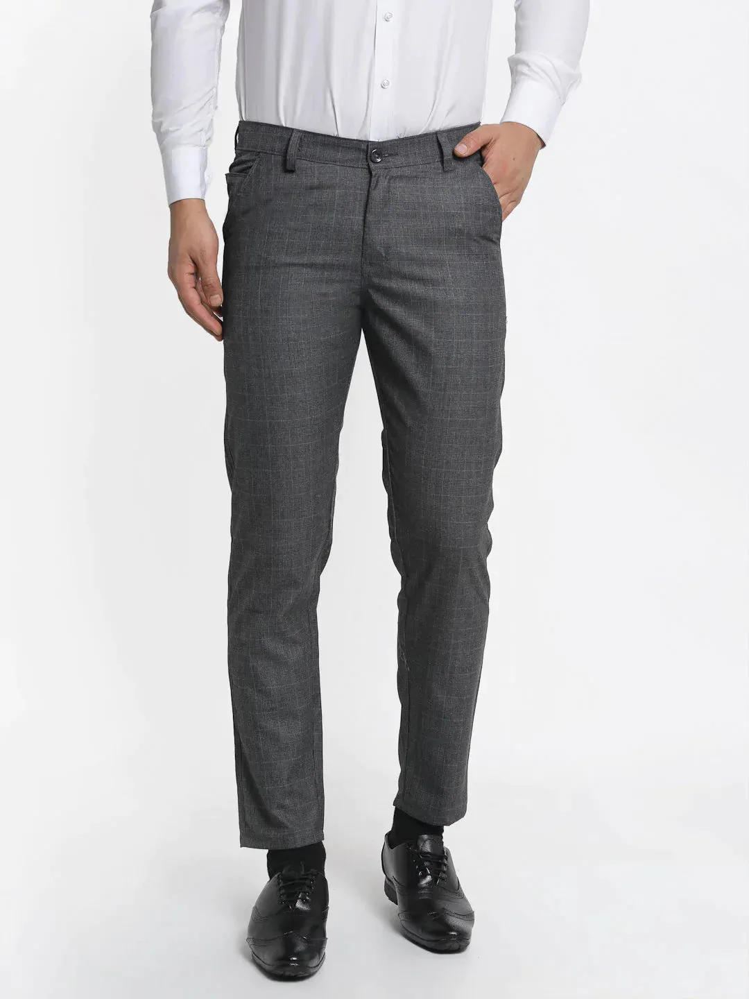 Men'S Charcoal Checked Formal Trousers