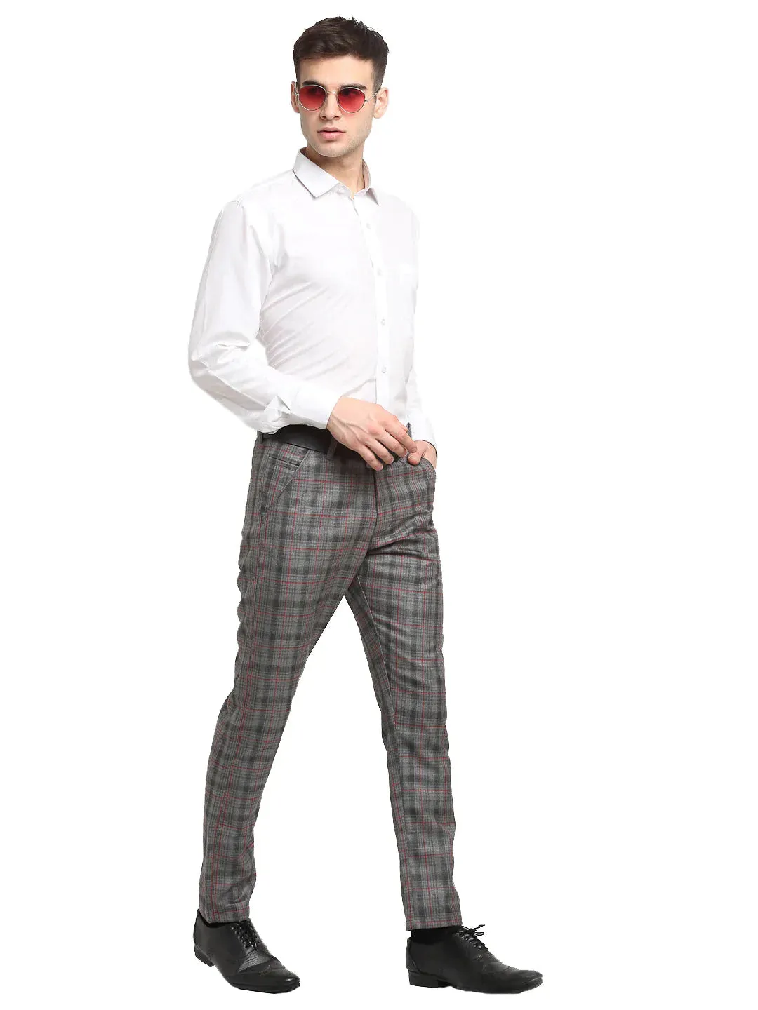 Men'S Grey Cotton Checked Formal Trousers