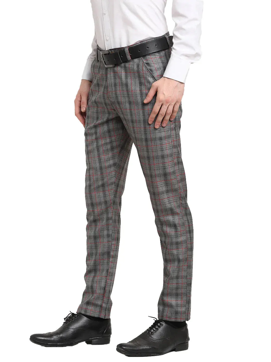 Men'S Grey Cotton Checked Formal Trousers