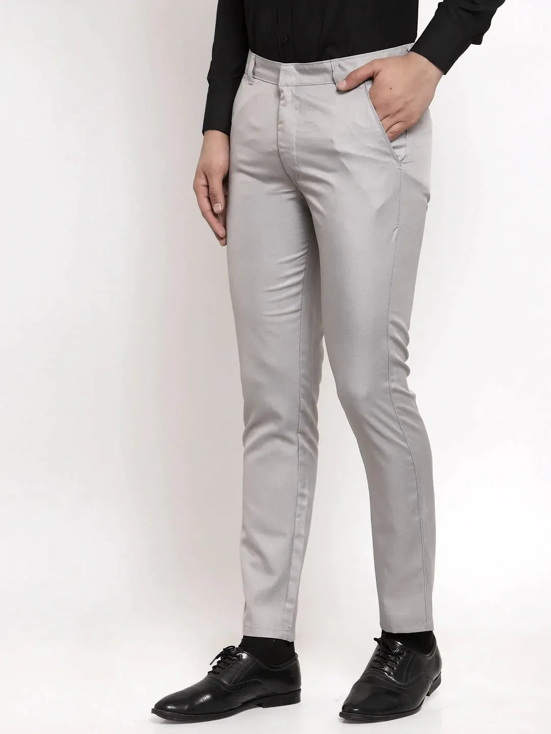 Men'S Grey Cotton Solid Formal Trousers