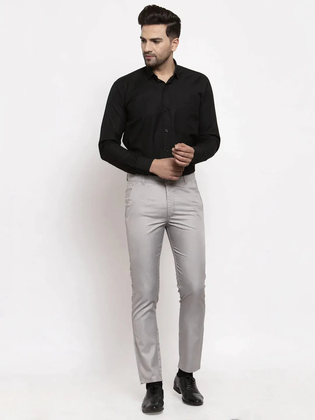 Men'S Grey Cotton Solid Formal Trousers