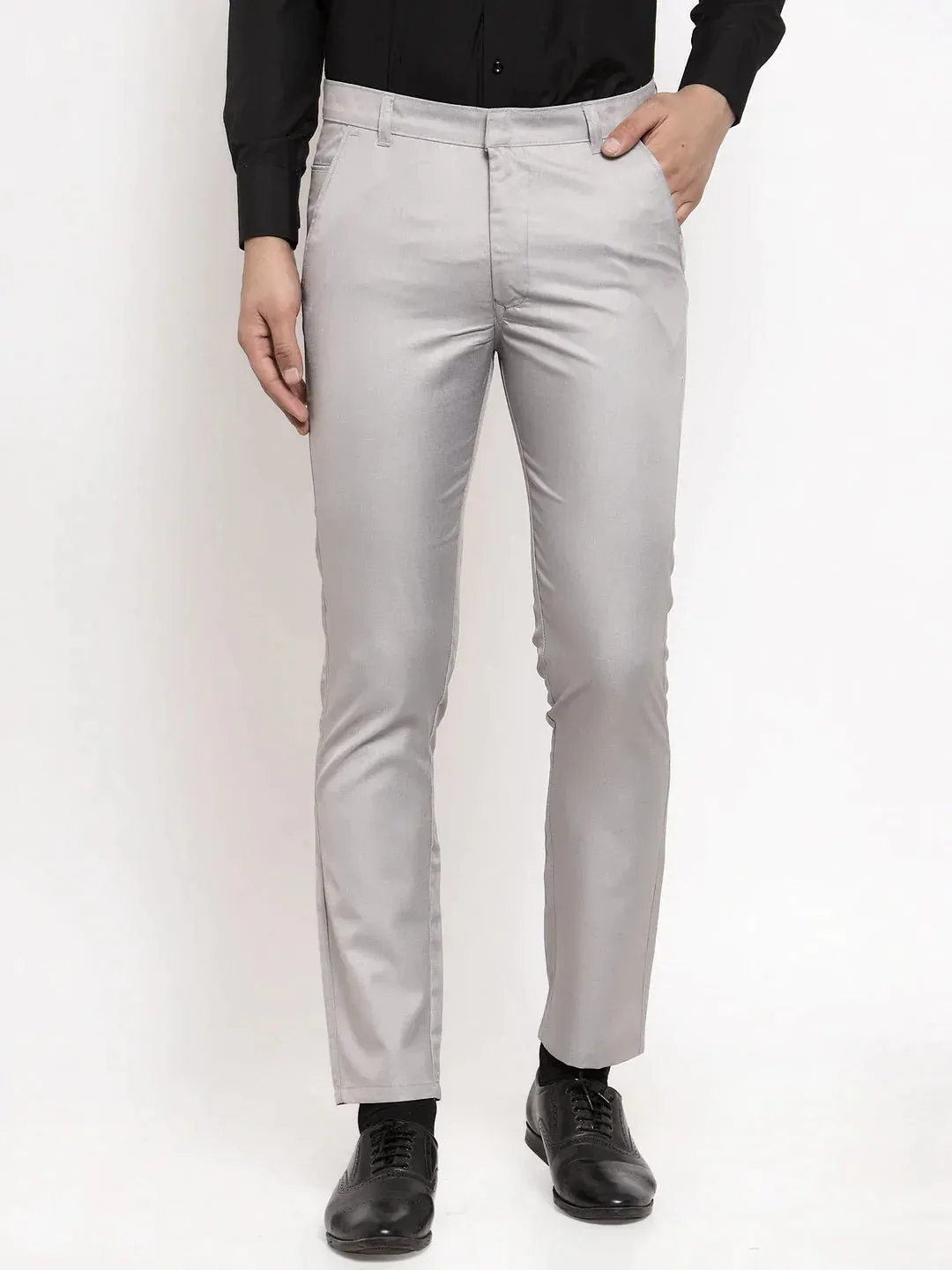 Men'S Grey Cotton Solid Formal Trousers