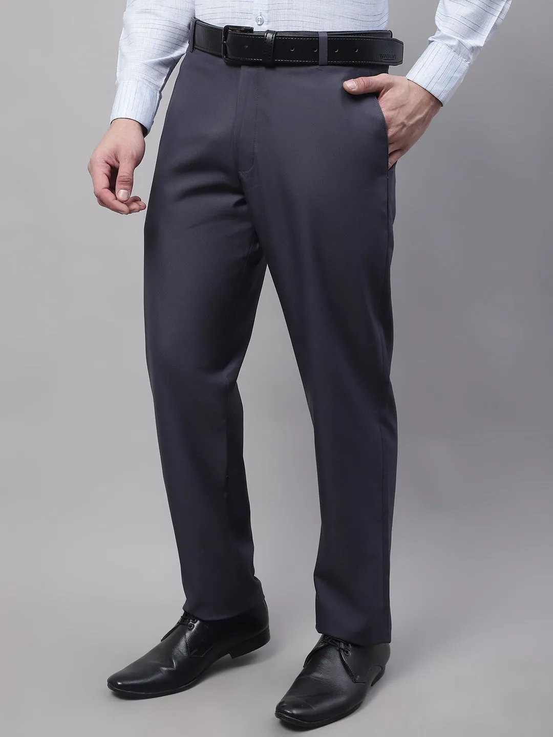 Men'S Grey Tapered Fit Formal Trousers