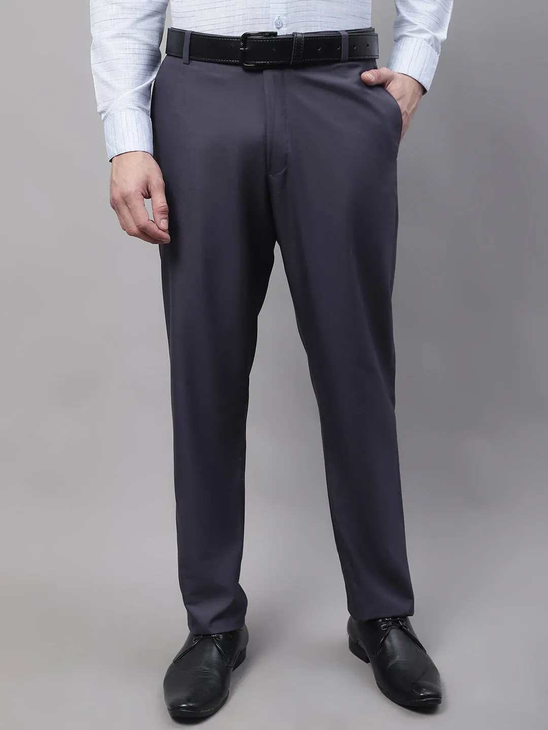 Men'S Grey Tapered Fit Formal Trousers