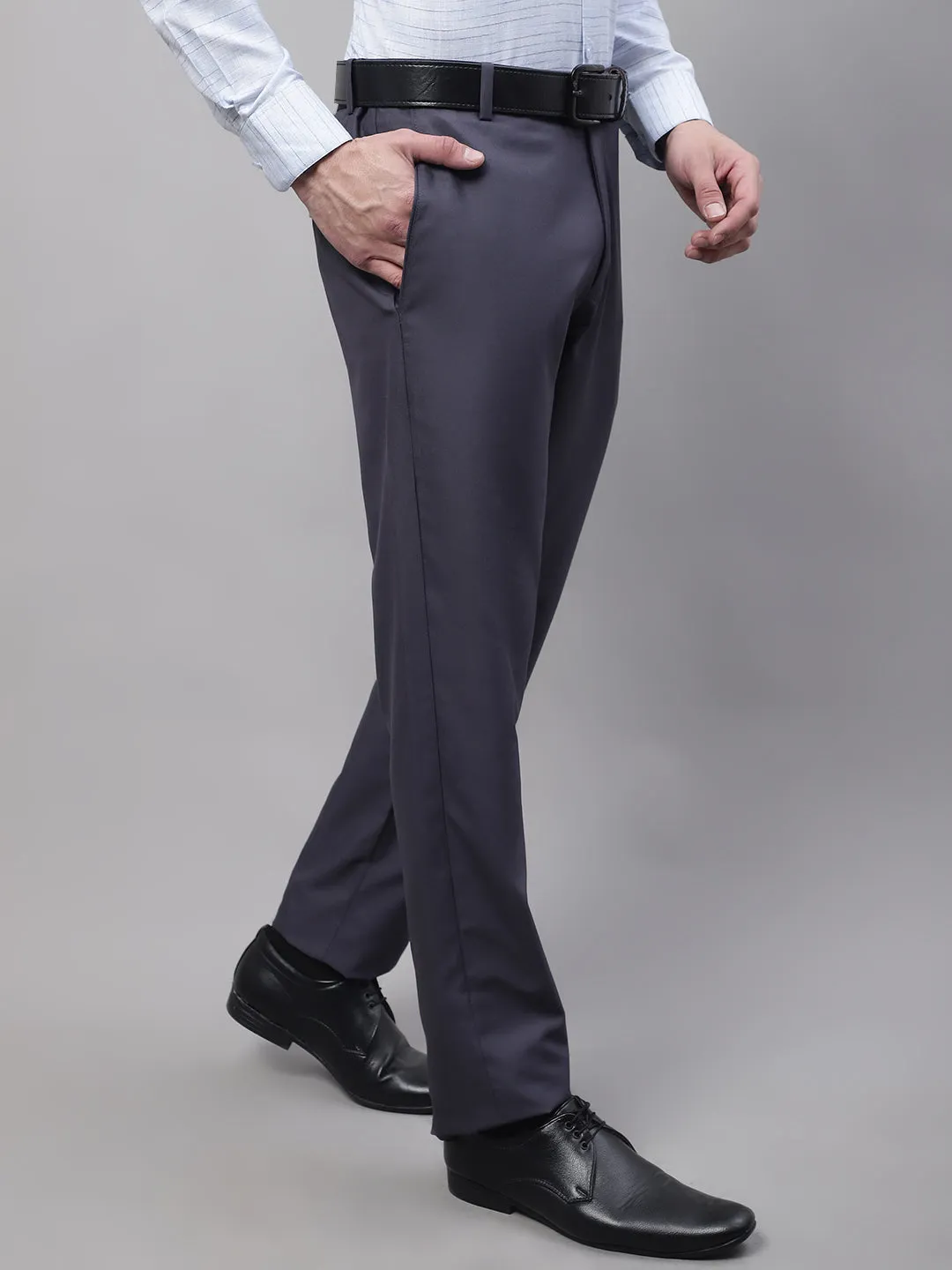 Men'S Grey Tapered Fit Formal Trousers