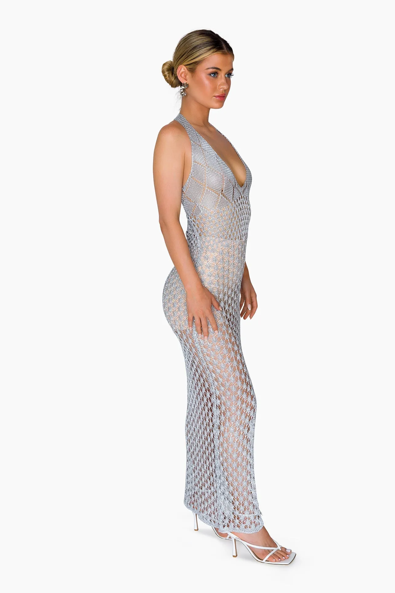 MYKO Metallic Knit Halter Maxi