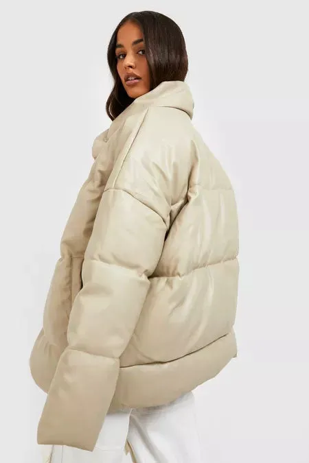 New Winter Bubble Faux Leather Oversized Puffer Jacket For Sale