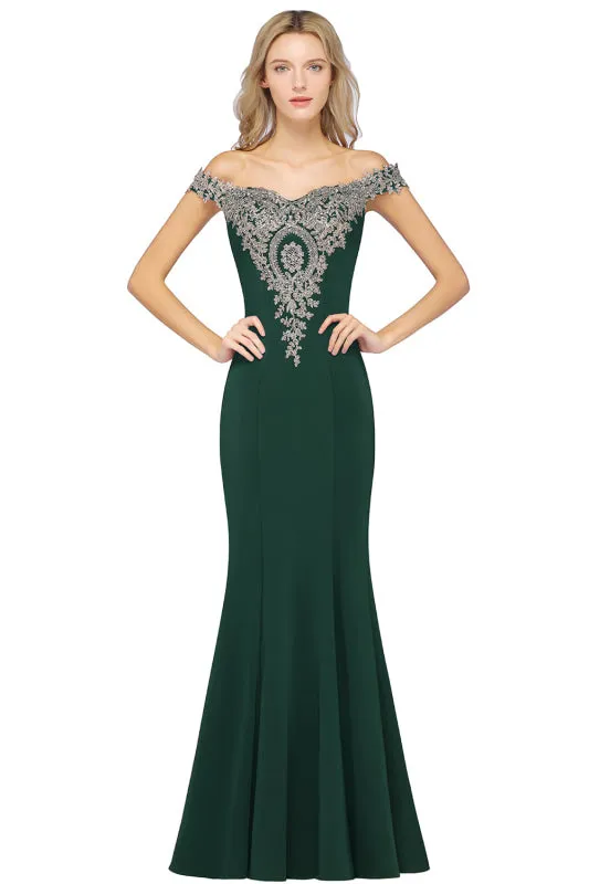 Off-the-Shoulder Mermaid  Evening Dresswith Gold Lace Applique Floor Length Formal Dress