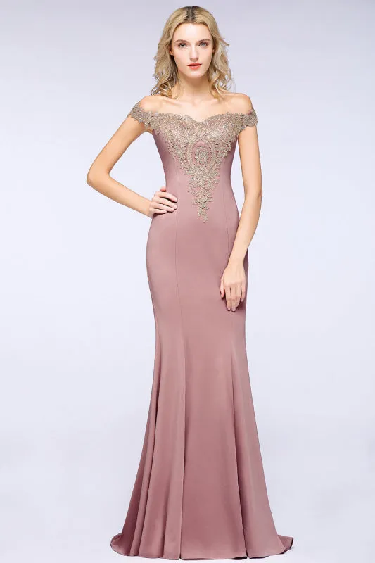 Off-the-Shoulder Mermaid  Evening Dresswith Gold Lace Applique Floor Length Formal Dress