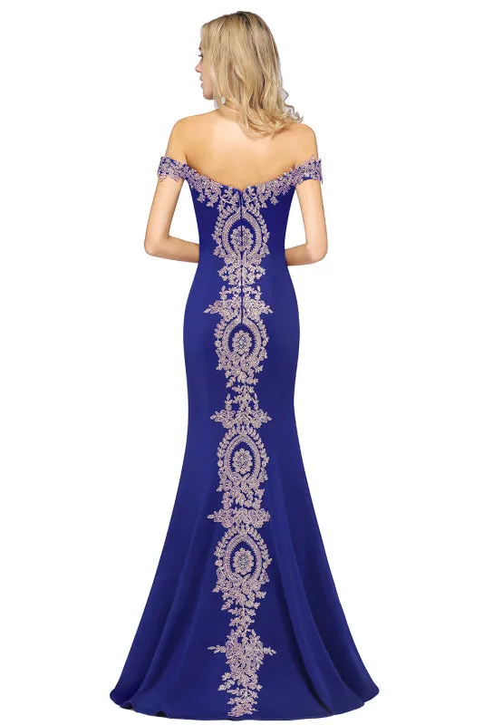 Off-the-Shoulder Mermaid  Evening Dresswith Gold Lace Applique Floor Length Formal Dress