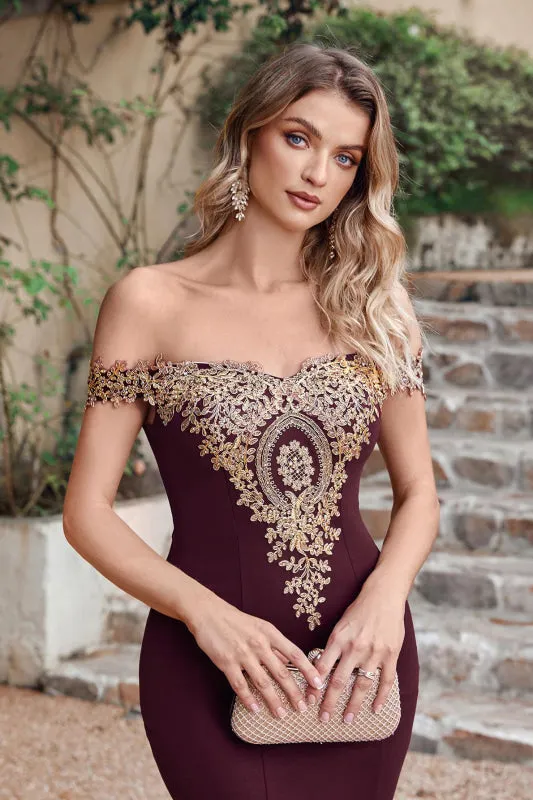 Off-the-Shoulder Mermaid  Evening Dresswith Gold Lace Applique Floor Length Formal Dress