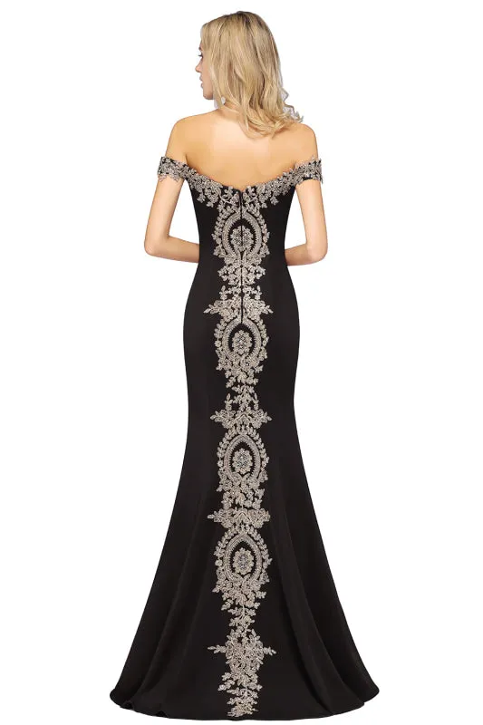 Off-the-Shoulder Mermaid  Evening Dresswith Gold Lace Applique Floor Length Formal Dress