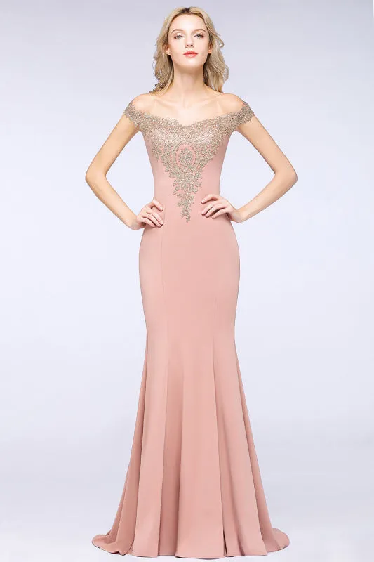 Off-the-Shoulder Mermaid  Evening Dresswith Gold Lace Applique Floor Length Formal Dress