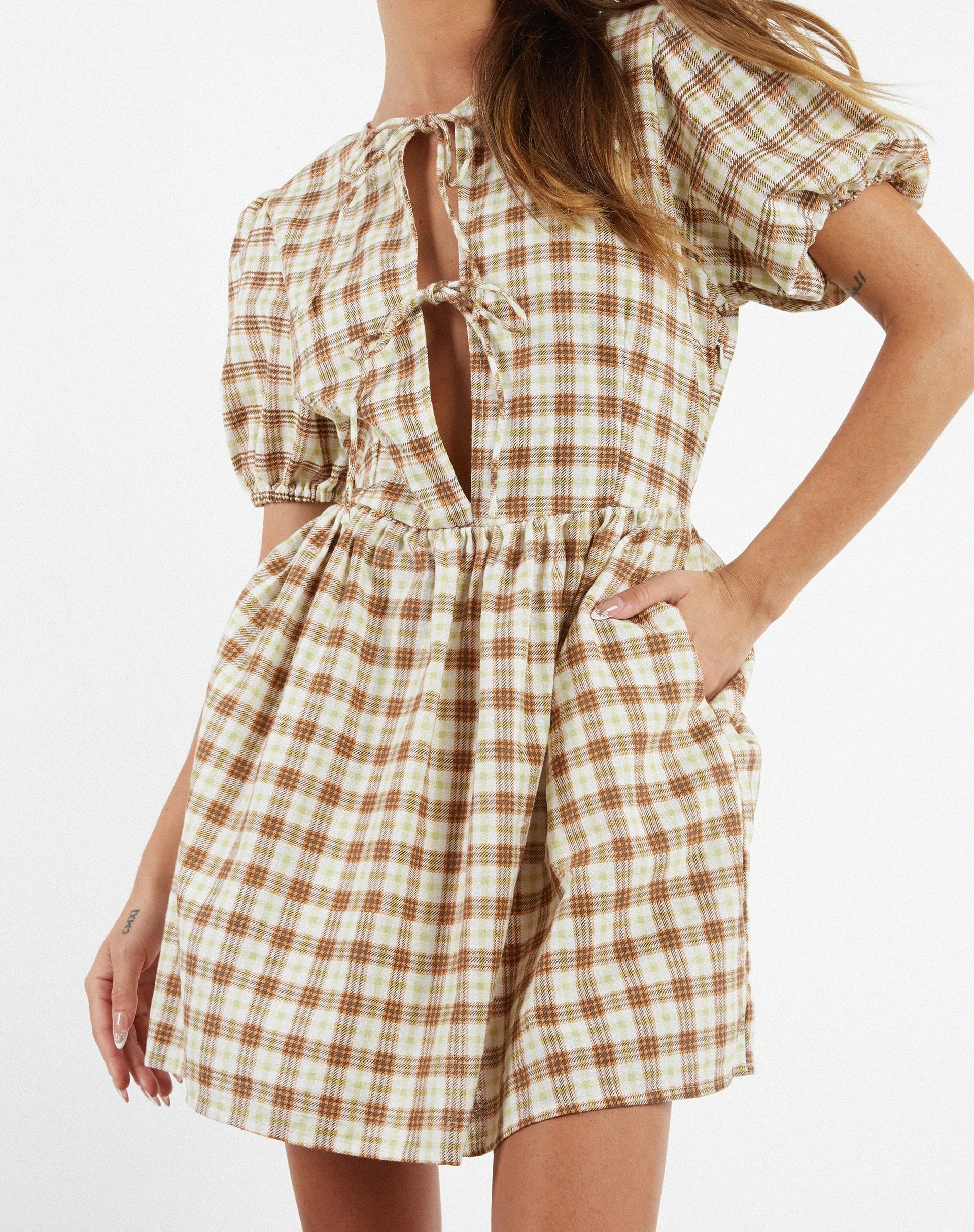 Shirley Mini Dress in Yellow Brown Check