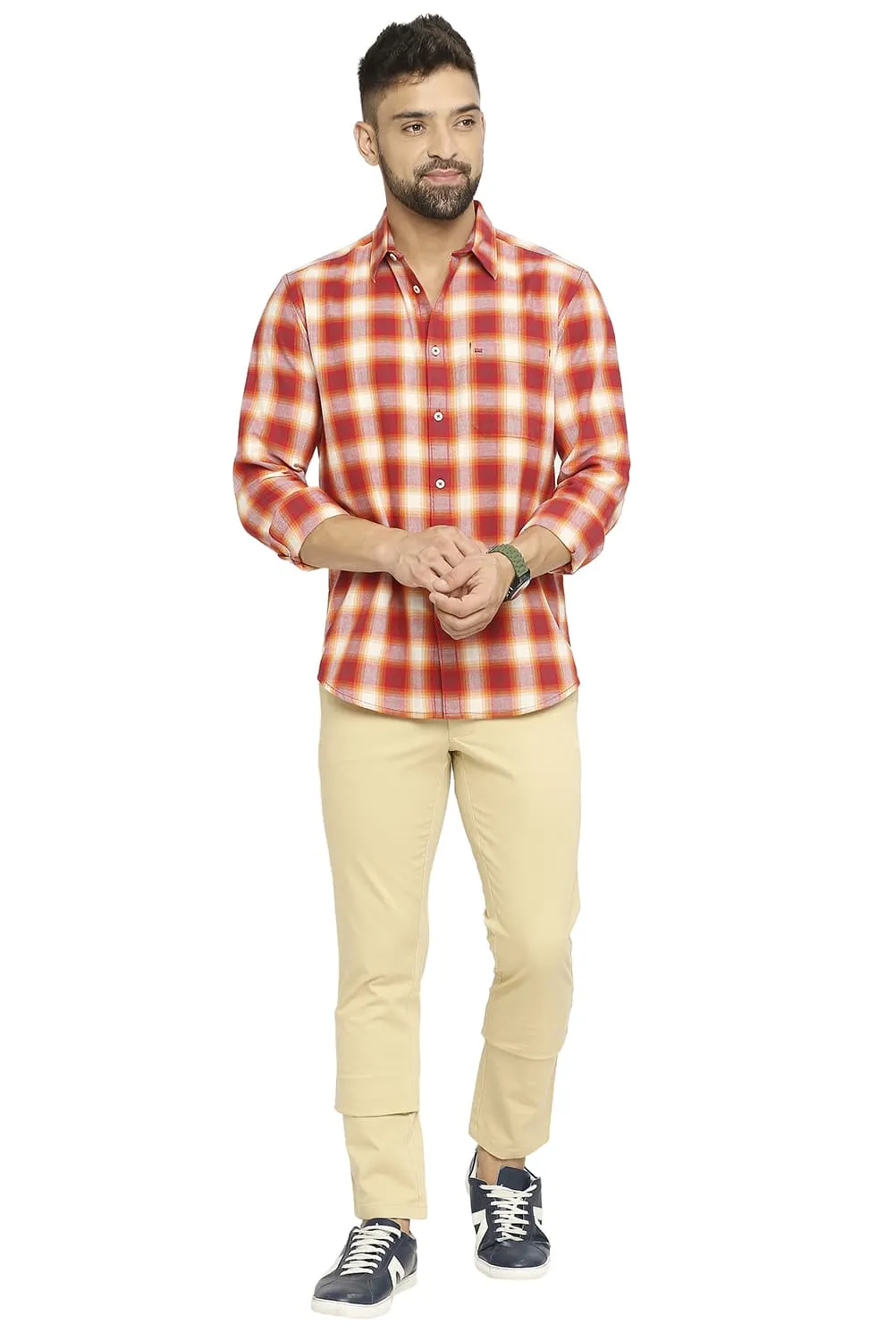 Slim Fit Cotton Brushed Twill Checks Shirt