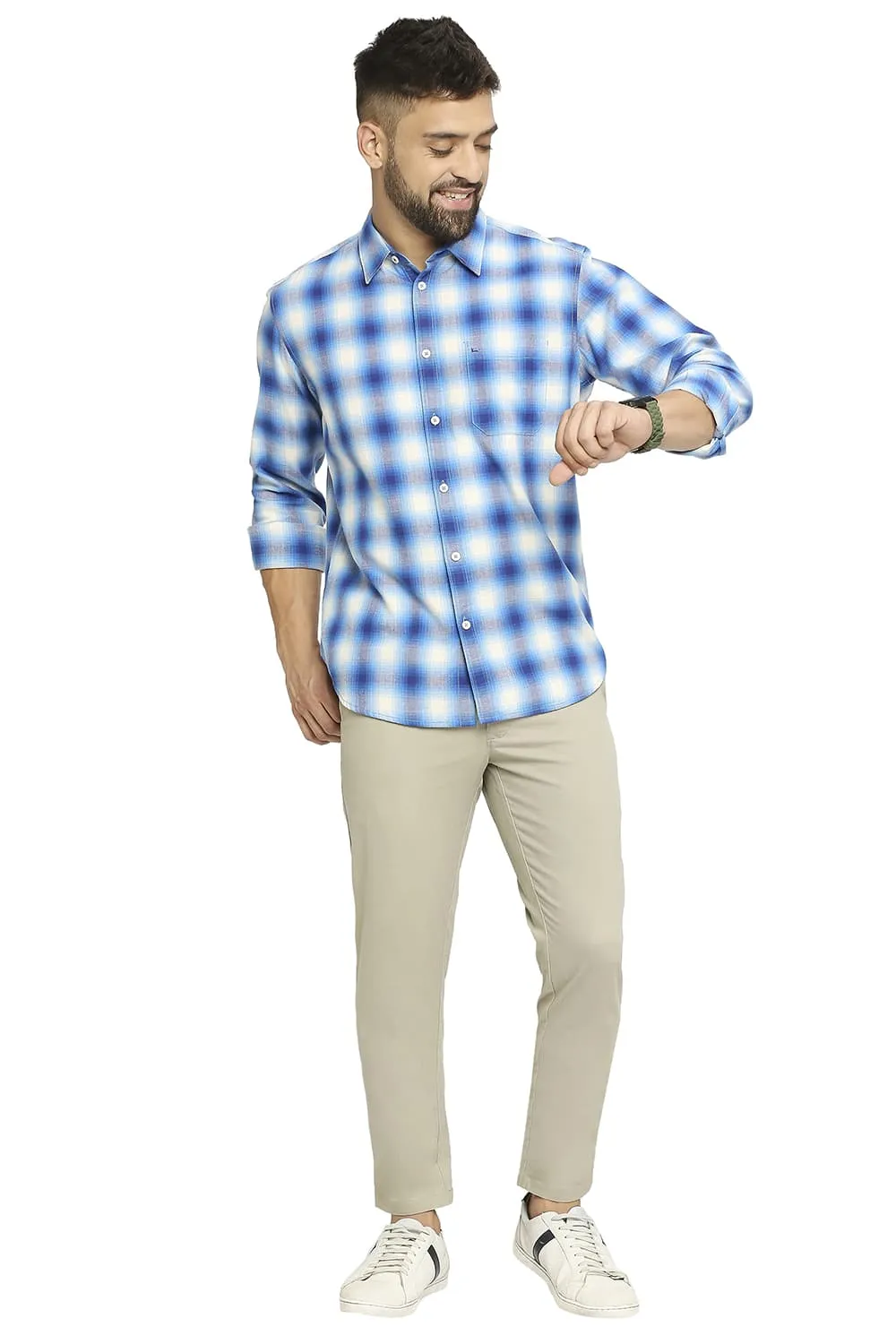 Slim Fit Cotton Brushed Twill Checks Shirt