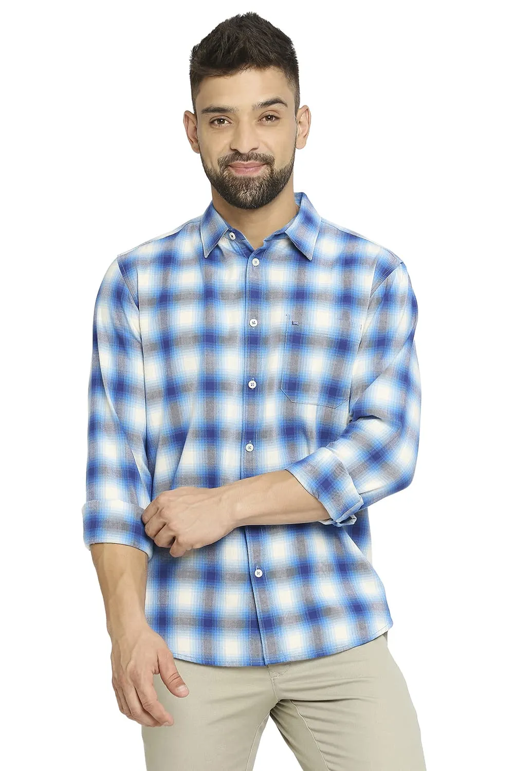 Slim Fit Cotton Brushed Twill Checks Shirt