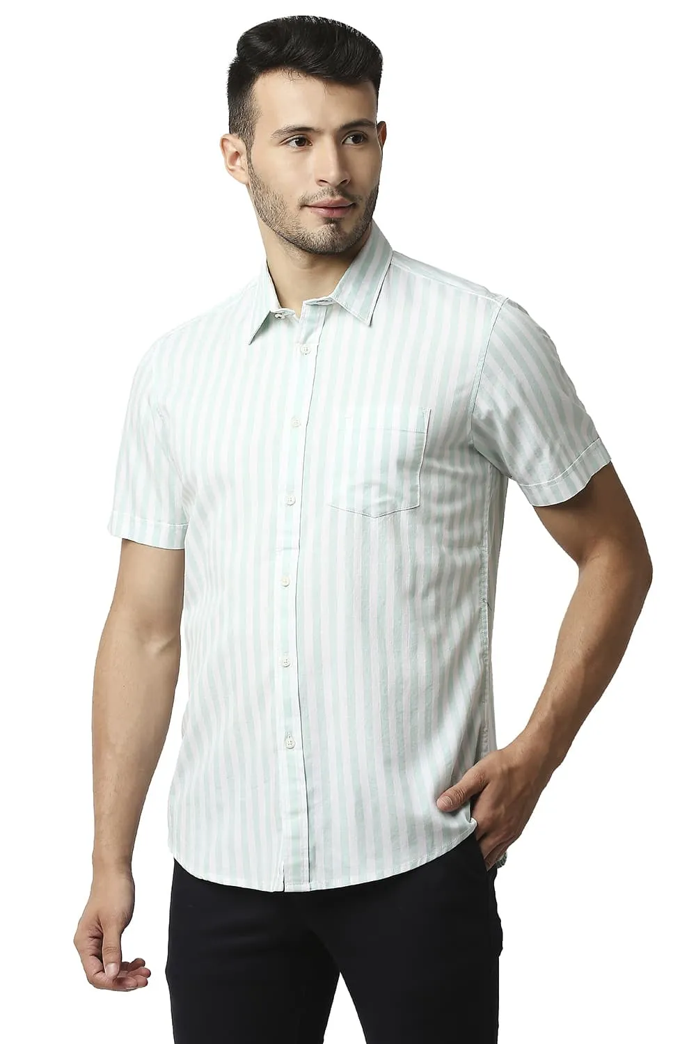 Slim Fit Herring Bone Stripe Halfsleeves Shirt