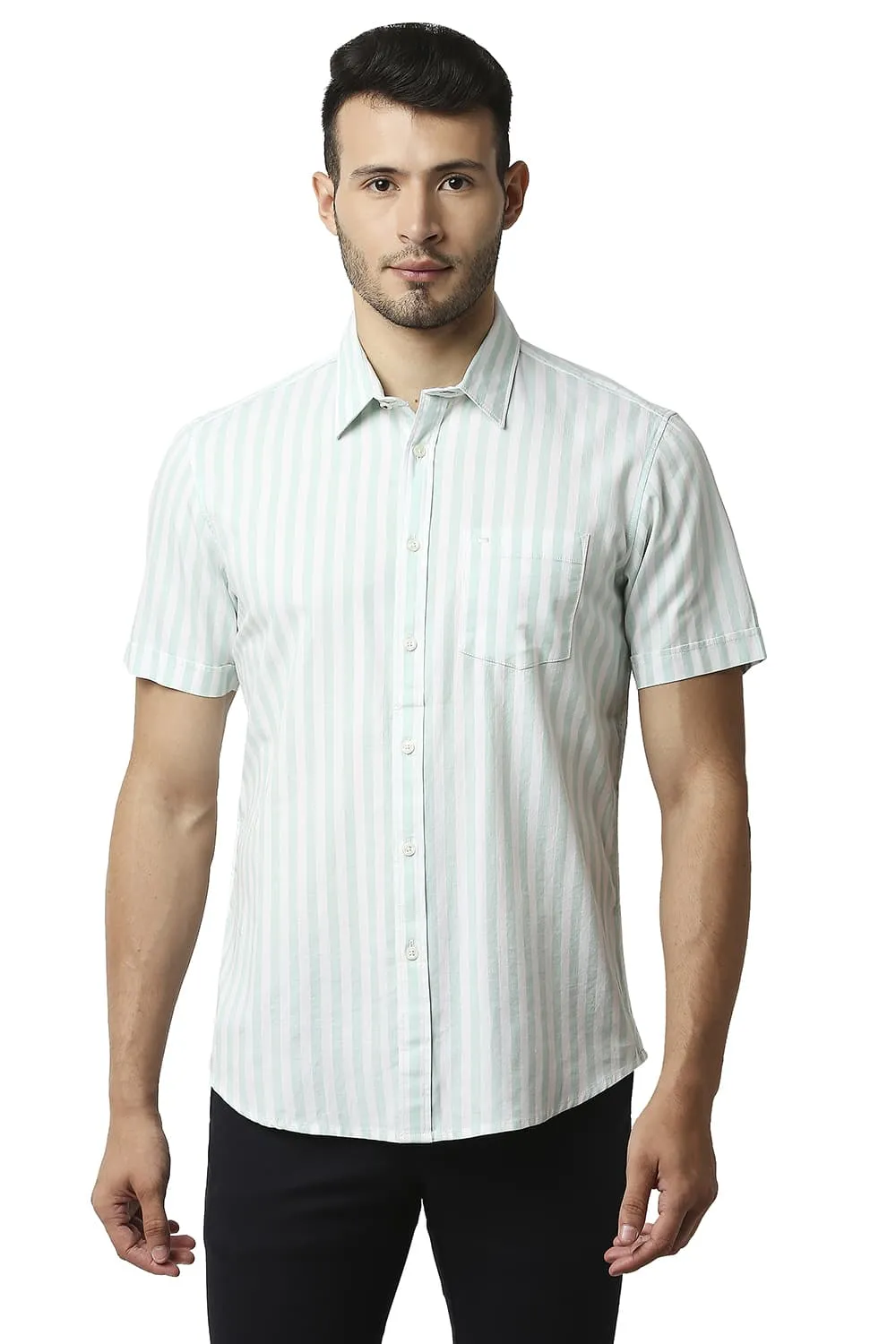 Slim Fit Herring Bone Stripe Halfsleeves Shirt