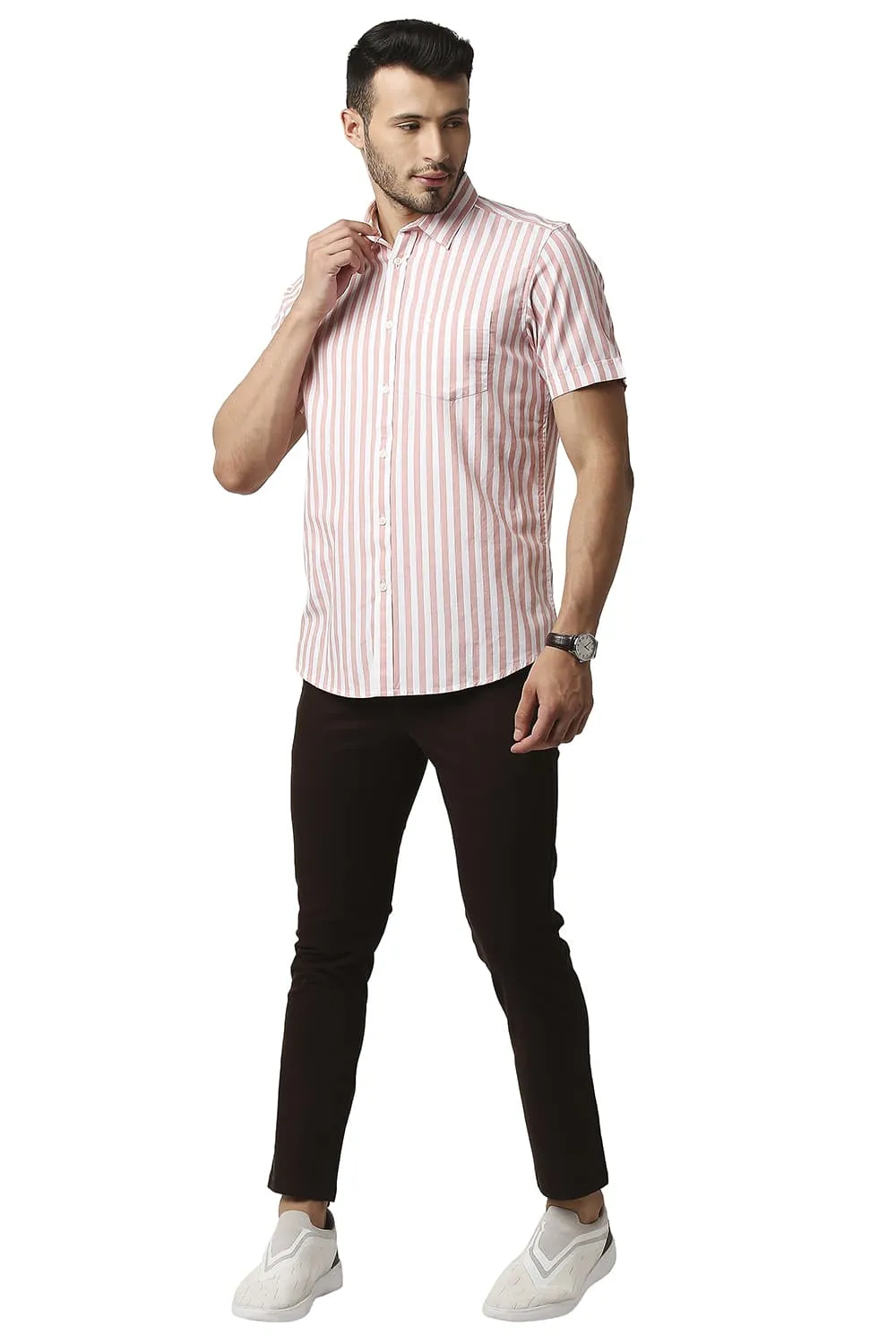 Slim Fit Herring Bone Stripe Halfsleeves Shirt