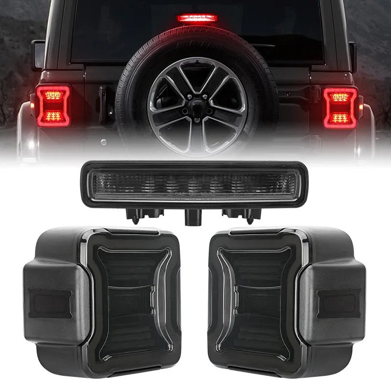 Smoked LED Tail Lights & Smoked LED 3rd Brake Light Compatible For 2018-Later Jeep Wrangler JL