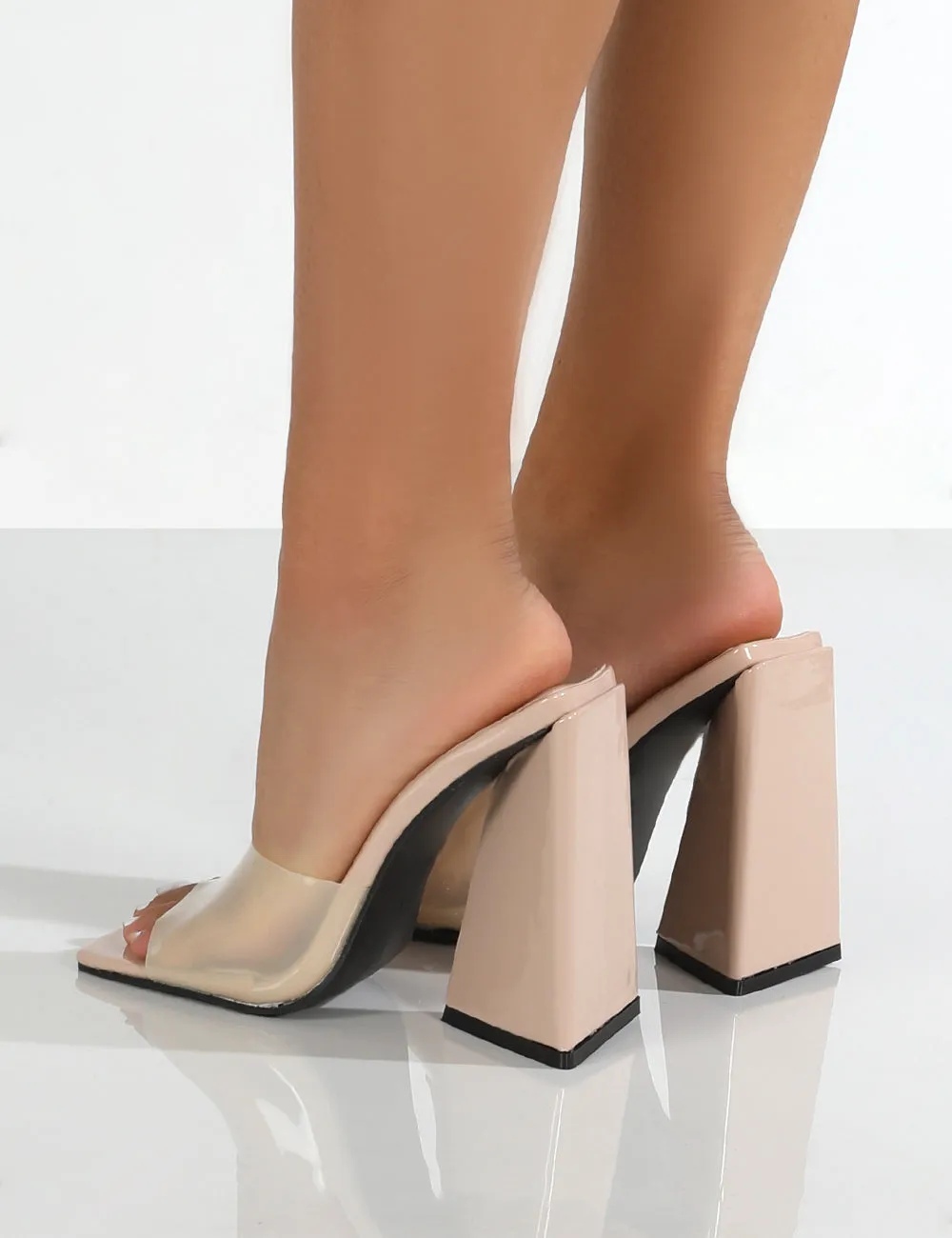 Tammi Wide Fit Nude Square Toe Pyramid Clear Perspex Heeled Mule