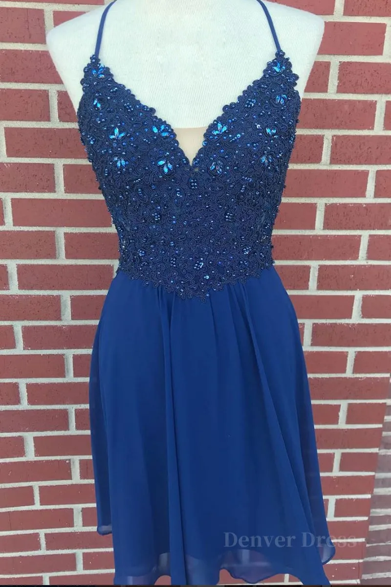 V Neck Lace Beaded Blue Homecoming Dresses Short Prom Dresses Blue Lace Graduation Dresses Blue Formal Dresses Evening Dresses