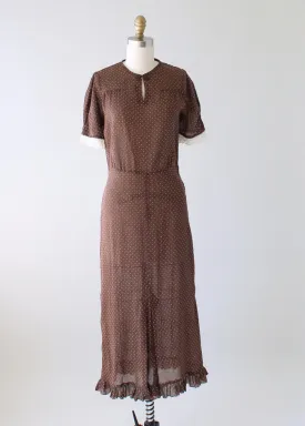 Vintage 1930s Brown Swiss Dot Day Dress