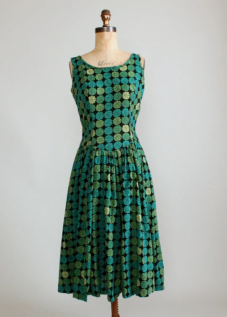 Vintage 1950s Shades of Green Floral Drop Waist Dress