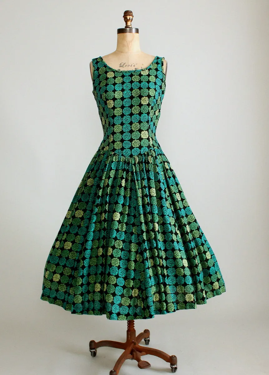 Vintage 1950s Shades of Green Floral Drop Waist Dress