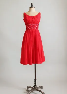 Vintage 1960s Red Chiffon and Sequins Party Dress