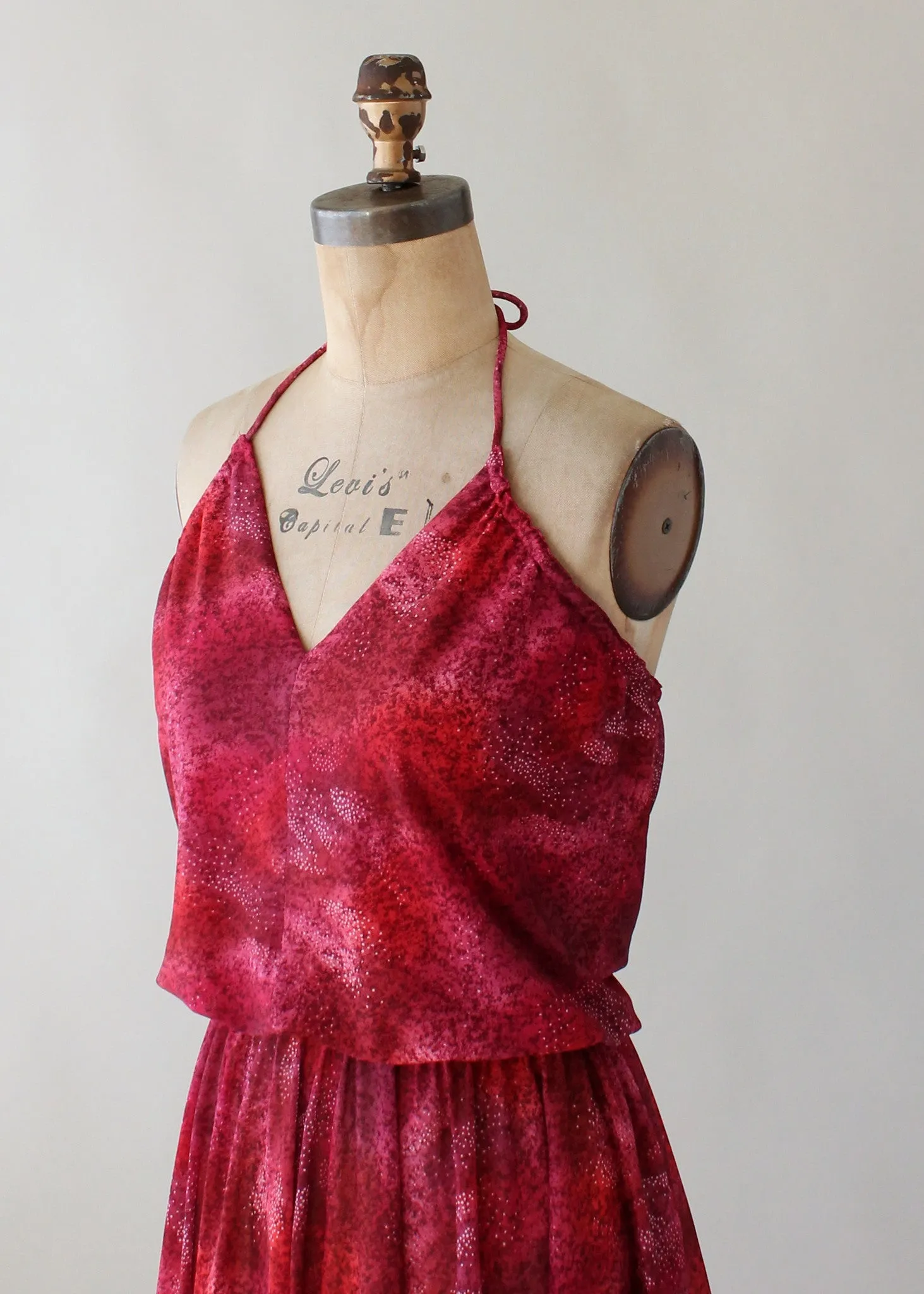 Vintage 1970s Shades of Red Halter Sundress