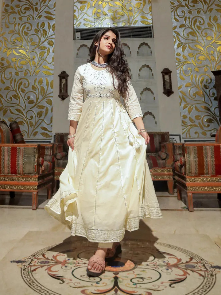 Women Off White Cotton Anarkali Kurta Pant Set