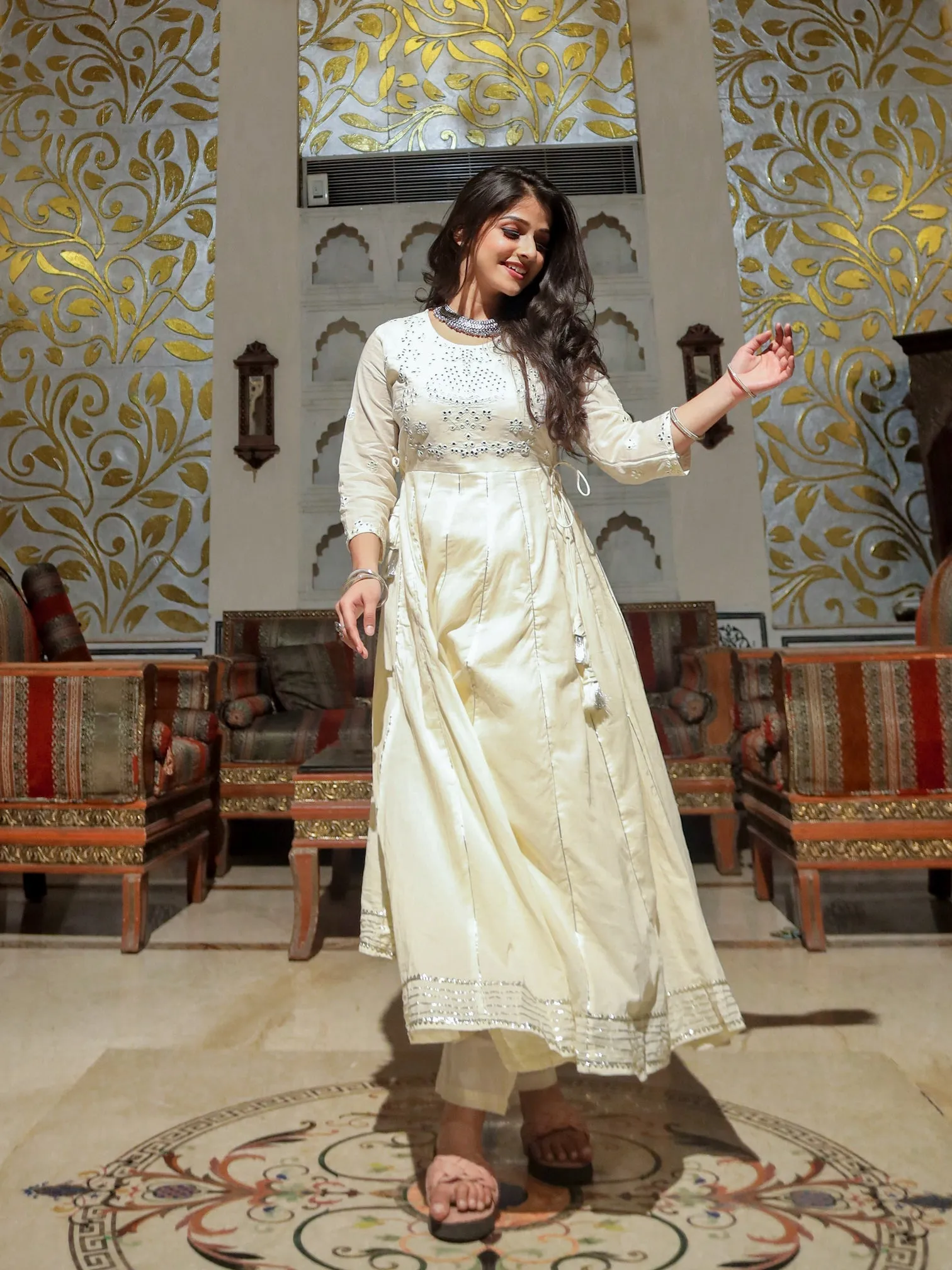 Women Off White Cotton Anarkali Kurta Pant Set